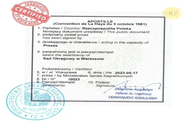 example of apostille stamp in Poland confirming document authenticity for use abroad
