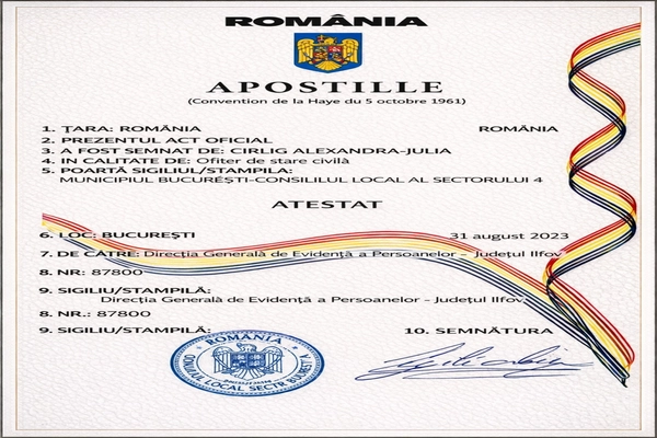 Apostille in Romania issued in Bucharest certifying civil status document under Hague Convention