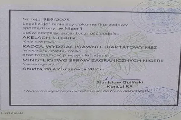 example of document legalization in Poland for non-Hague countries with official certification